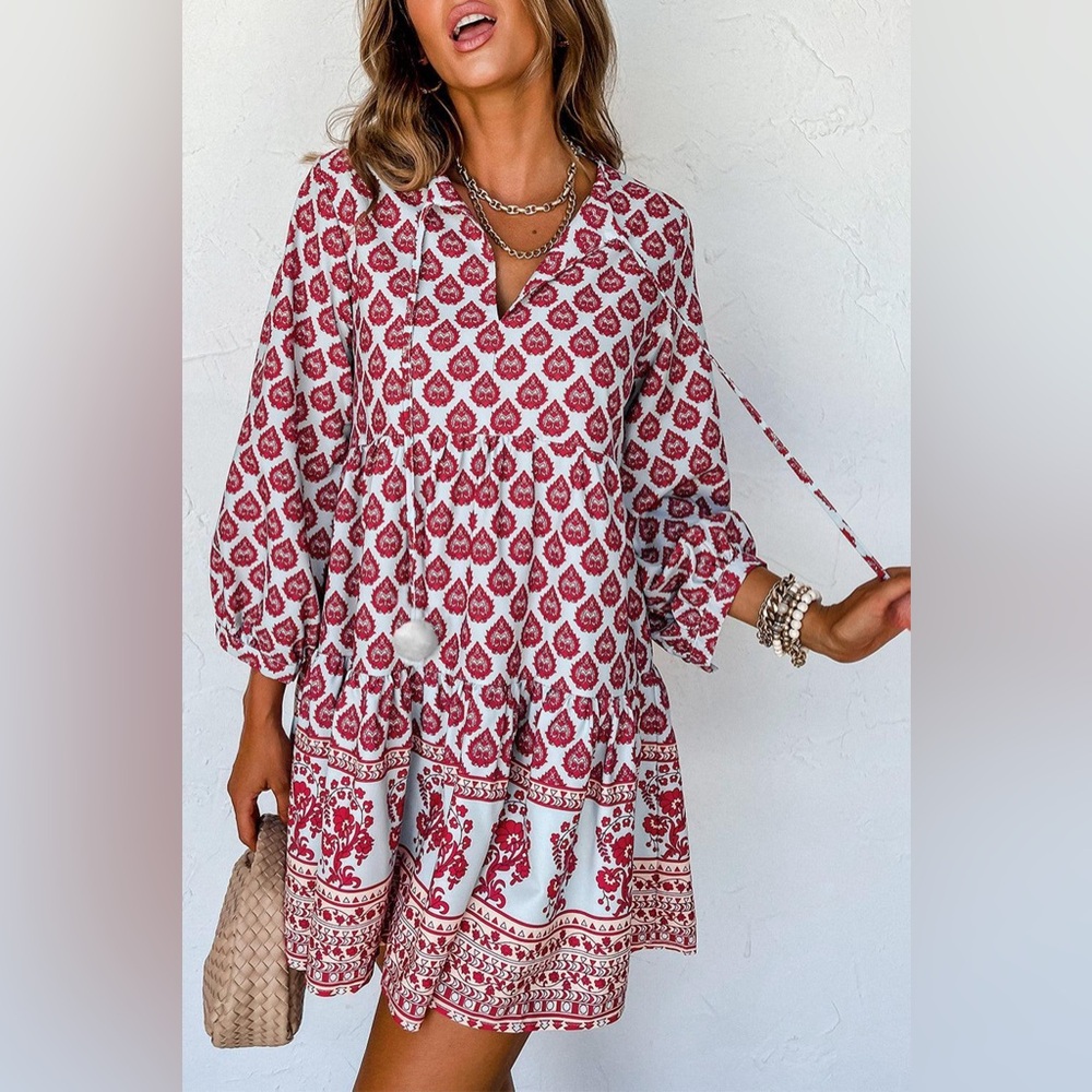 Zara Rose Pink Printed Boho Tassel Tie Dress Twirl Skirt Puff Sleeve Size Medium